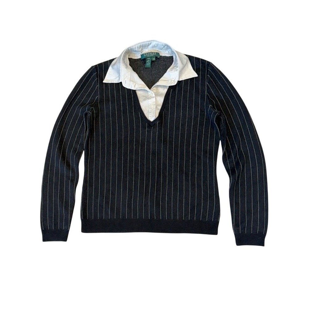 Ralph Lauren Petite M Black Pinstripe Silk Cashmere Sweater Dark Academia Preppy